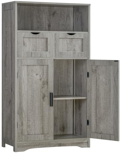 Iwell Storage Cabinet with 2 Drawers & 2 Adjustable Shelves, Kitchen Cabinet, Cupboard, for Living Room, Kitchen, Entryway, Home Office, Grey