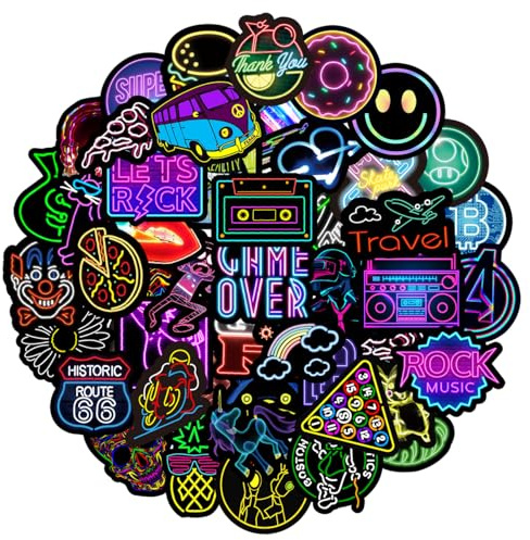 MARSFORCE Graffiti Néon vinyle imperméable autocollant pour ordinateur portable bagages de voyage valise bouteille d'eau skateboard vélo voiture pare - chocs casque guitare jouet scrapbooking [50pcs]
