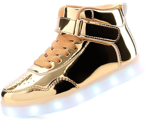 APTESOL Barnskor, hög topp, ljus, blinkande sneakers, USB-laddning, skor för pojkar och flickor [Spegel guld, EU38]