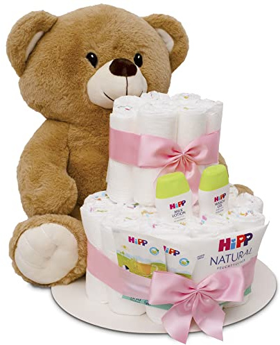 MilaBoo® Gâteau de couches rose fille avec gros nounours tout doux I Cadeau de qualité pour nouveau-né avec couches et produits Hipp I Cadeau de naissance personnalisé