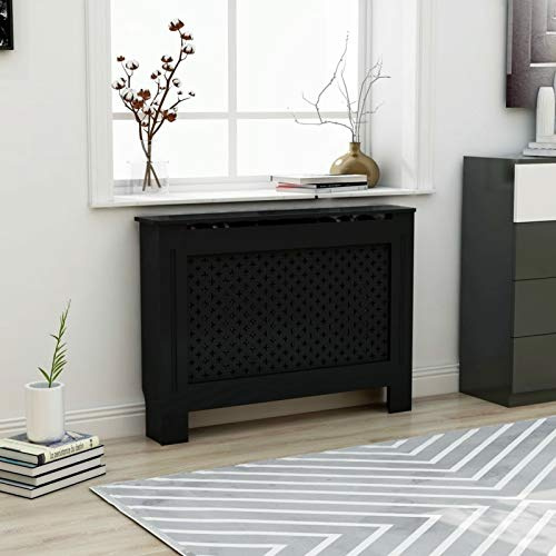 Cubierta para radiador, diseño moderno con listones, modelo 112 x 19 x 81,5 cm, material MDF lacado, acabado negro, estante decorativo para sala de estar
