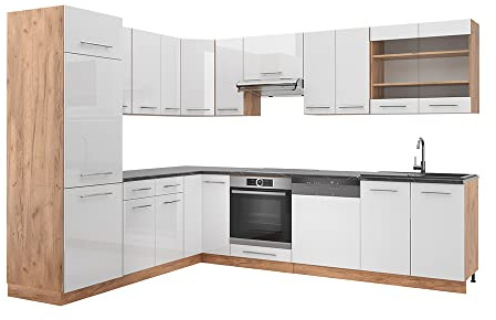 Vicco Cucina angolare completa Fame-Line, Bianco lucido/oro power oak, 287 x 46 cm senza piano di lavoro, per l'espansione personalizzata con moduli compatibili