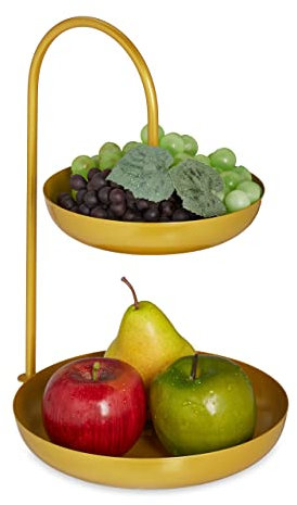 Relaxdays Alzata per Frutta a 2 Piani, in Ferro, HLP: 31x23x20 cm, Etagere per Dolci, Piatti Rotondi per Muffin, Dorato