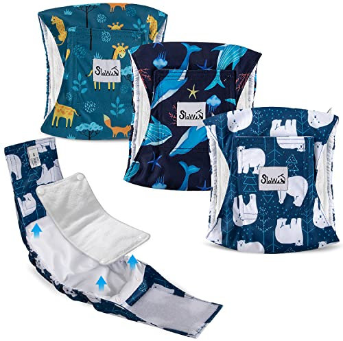 SlowTon Hundewindeln für Rüden, 3 Stück waschbare Rüdenwindel mit zusätzlichen Pads Höschen für Hunde Läufigkeit und Inkontinenz, hoch saugfähige Rüdenbinde mit starkem flexiblem Befestigungsmittel