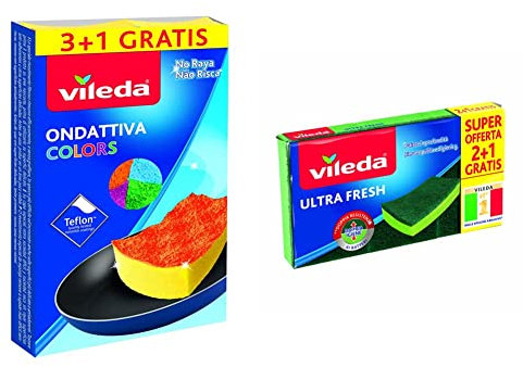 Vileda Ondattiva Milleusi Colors 3+1, Spugna, Multicolore, 13x22x2.6 cm, 4 unità & Ultra Fresh Spugna Abrasiva, Assorbente, AntiGraffio, con Parte Fibrosa, Verde