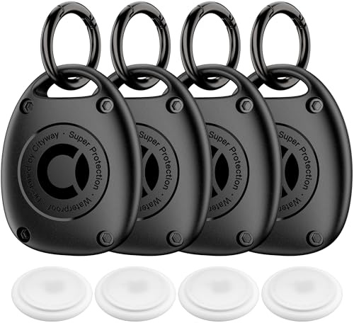 CITYWAY (4-pack) för AirTag-nyckelringshållarfodral | IPX8 vattentät, ultrakompakt | bärbart luftmärkesfodral för hundkrage, ryggsäck, nycklar, bagage – svart