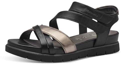 Tamaris Comfort Damen Sandalen flach aus Leder mit Klettverschluss, Schwarz (Black Comb), 39 EU