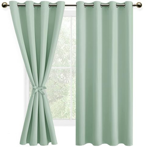DWCN Blackout Curtains with Tiebacks for Bedroom Thermal Insulated Solid Eyelet Curtains for Living Room,2 Panels,52 Wide x 63 Drop Bean Green