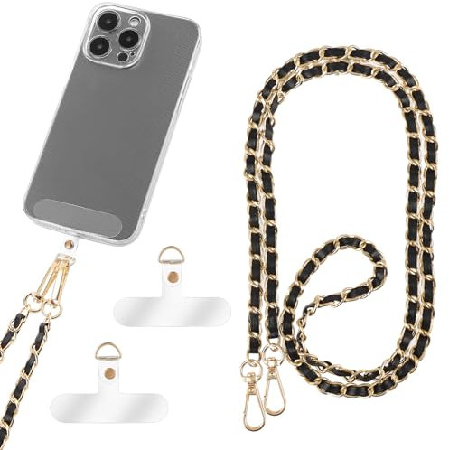 Amaxiu Cadena de Cuero Para Teléfono Móvil Con Correa de Metal Para El Cuello - Manos Libres Para Colgar Smartphones (Negro)