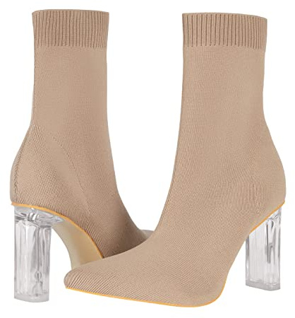 Shoe'N Tale Women's Knit Sock Ankle Boots Pointed Toe Clear Mid Heel Slip-on Stretch Booties Shoes(10,Brown)