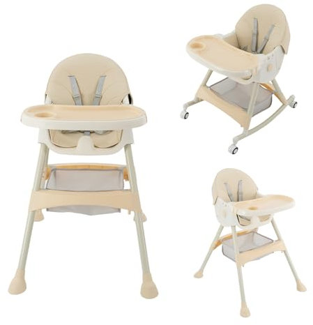 HarBin-Star 3 in1 Kinderhochstuhl mit Supper Platte und 4 Rollen, Kombihochstuhl, Mitwachsend Esszimmerstuhl, für 6 Monate Kinder Kleinkinder (Khaki Farbe)