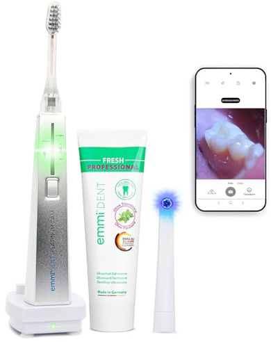 emmi-DENT Spazzolino da denti ad ultrasuoni Platinum CAM in bianco, set di base con fotocamera integrata, stazione di ricarica, 2 accessori e dentifricio, riduzione della placca e del tartaro, pulizia