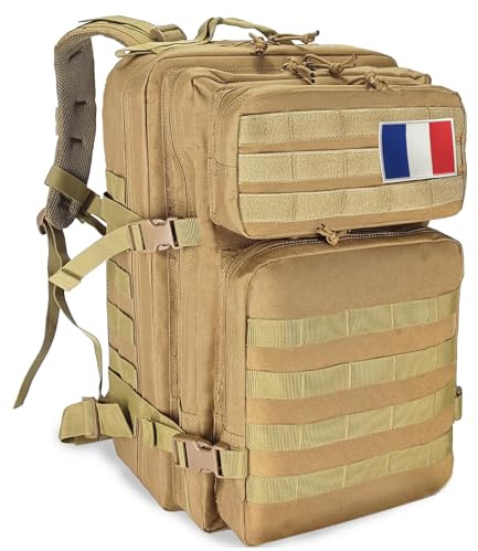 HEMSO Military Tactical Backpack, 45L Outdoor Assault Survival Travel Backpack, Waterproof Backpack, Suitable for Hunting, Hiking & Camping and Other Outdoor Activities (Khaki)