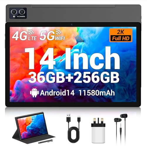 AXETOP 14 Inch Tablet, Android 14 Tablet with SIM Card Slot, 36GB RAM+256GB ROM(TF 1TB), 4G LTE+5G WiFi, Octa-Core,8MP+13MP,11580mAh, Widevine L3, 4 Speakers, Tablets with Case/Stylus/Earphones(Gray)