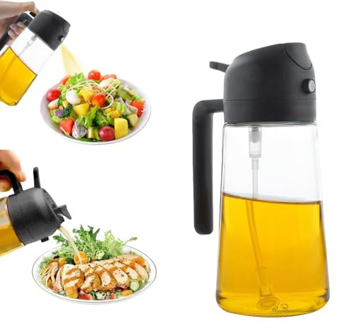 DOETYD Oil Spray Bottle 470ml/16oz 2 in 1 Glass Oil Dispenser Sprayer for Kitchen Cooking Baking BBQ Salad Olive Air Fryer (Black)