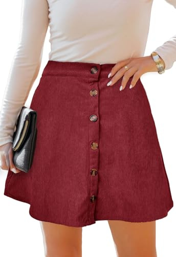 Alaster Queen Minigonna da donna in velluto a coste con bottoni sul davanti, linea ad A, vintage, plissettata, con tasche a cordoncino, gonne per, Borgogna, M