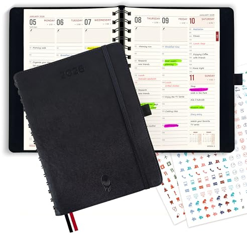 colortouch Agenda semanal 2026 A5, libro de citas de 14 meses, calendario diario de tapa blanda con 2 hojas de calcomanías, planificador semanal mensual vertical, intervalos de 30 minutos (25 de