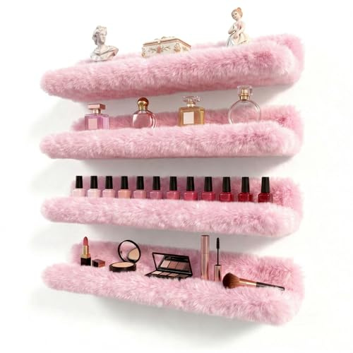 Care&More YJ 15 Inch Nail Polish Shelves, 4-Pack Fuzzy Display Nail Polish Rack for Storing Nail Bottles, Sunglasses, Essential Oils, Plush Soft Pink