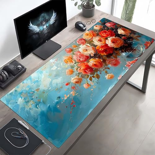 Gaming Tapis de Souris Fleur Rouge, Grand Tapis de Souris XXL 80 x 30 cm, Mouse Pad pour Clavier et Bureau, avec Bords Surpiqués et Dos Antidérapant, for Gamer Gaming Accessoire PjY8913 4-0