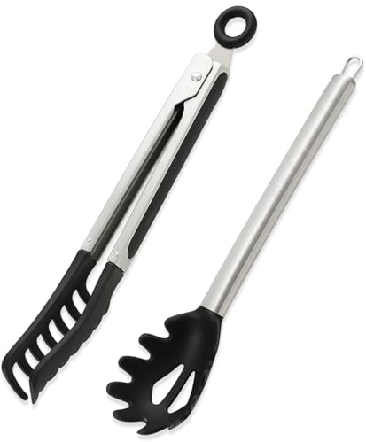 Nudelkelle und Lebensmittelzange Set, 2-teilig aus Silikon, Serving Fork with Teeth and Stainless Steel Handle, Spaghetti Tongs,Food Clip for Spaghetti Noodles (Black)