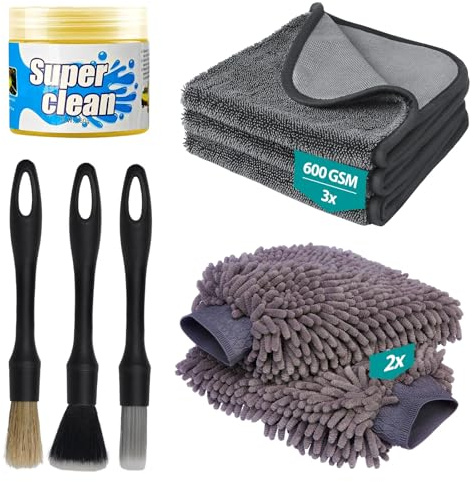 ShinetiX 9 PCS Car Cleaning Kit, 600 GSM Microfiber Towels, Car Detailing Kit with Wash Mitt, Brushes & Cleaning Gel, Car Wash Kit & Car Cleaning Products for Interior & Exterior