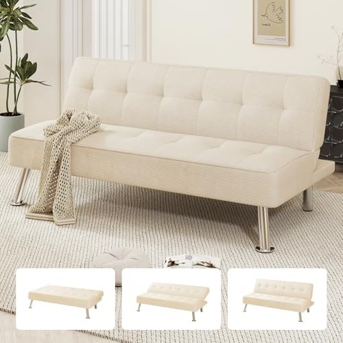 Furnimart Futon Sofa Bed, 66 Corduroy Convertible Futon Couch with 3-Position Adjustable Backrest, Solid Wood Frame Sleeper Sofa for Small Space, Living Room, Apartment, Office, Beige