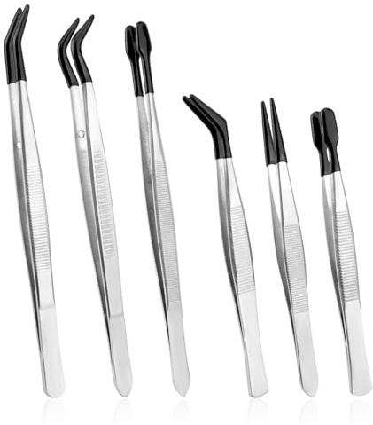 6uds Pinzas de Punta Goma Conjunto, Acero Inoxidable Precisión Artesanía Pinzas Anti-Stático Goma Punta Fina Plana & Curvada Punt Pinza para Artesanía Joyería Electrónica Modelo
