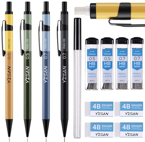 YISAN 4 Stück Metall Druckbleistifte Set,Mechanische Bleistifte HB 0,5 & 0,7mm,Büro Zubehör für Schreiben,Zeichnen,Skizzieren,70733