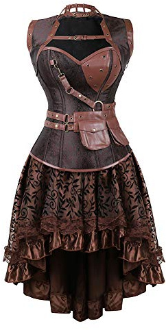 Grebrafan Steampunk Steel Boned Brocade Bustiers Corset Skirt Set
