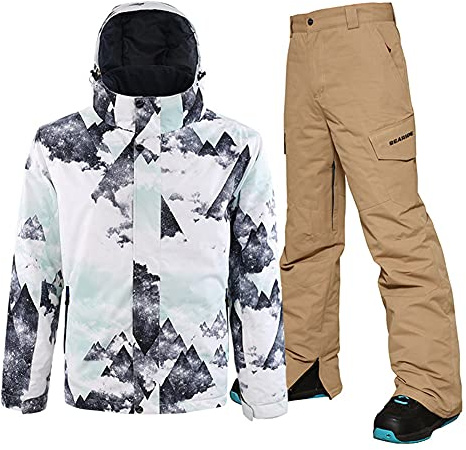 YEEFINE Men's Ski Suit Waterproof Snowsuit Winter Ski Jacket and Pants Set Outdoor Warm Snow Snowboard Suit (C2+Khaki, M)