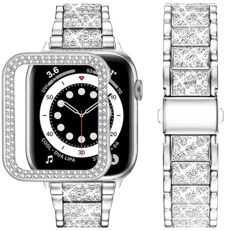 wutwuk Kompatibel mit Apple Watch Armband 44mm Damen, Strass Metall Armbänder mit Glitzer Harter PC Gehäuse Bling Diamant Ersatzarmband für iWatch Series SE 3 2 1 Series 6 5 4 44mm, Silber