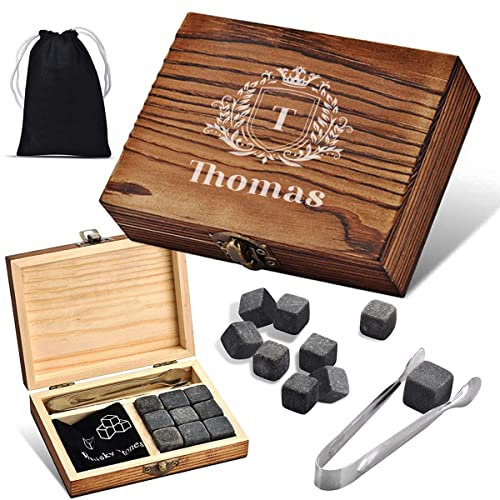 4-TLG Whisky Steine Set - in gravierter Holzbox - mit 9x Kühlsteine + 1x Zange + 1x Beutel - wiederverwendbar - ohne verwässern - Whisky, Scotch, Bourbon, Gin - Cocktails, Longdrinks - Motiv Ornament