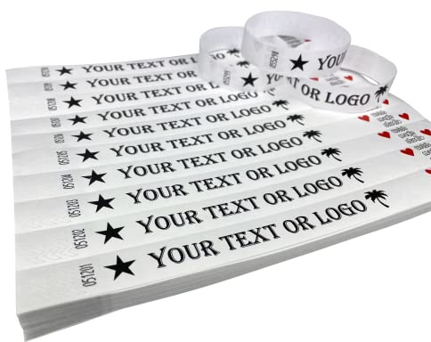 100 Braccialetti Bianco Polsini stampati personalizzati di Tyvek con il vostro testo o logo personalizzato per eventi, feste, festival, ID
