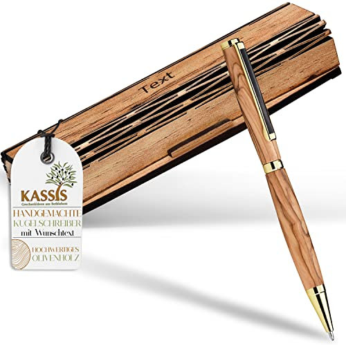Kassis Geschenkartikel Personalisierbarer Kugelschreiber aus Olivenholz mit Holzschachtel – stilvolles handgefertigtes Schreibset für Büro, Schule, Firma und besondere Anlässe