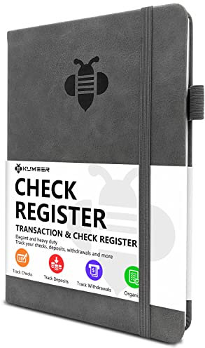 KUMEER Scheckregister – elegante Scheckregister für persönliche Scheckhefte mit Scheck- und Transaktionsregistern, Hardcover-Scheckbuchprotokoll 13,2 x 19,3 cm (grau)