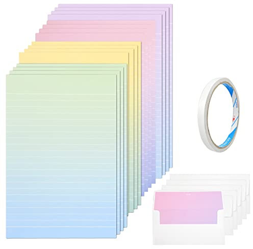 Hocadrv 16 Stück Briefpapier und 8 Stück Umschlägen Briefumschlag Briefpapier Set Regenbogenpapier Schreibpapier mit Kuverts Brief set Briefpapier mit Linien zum Schreiben(Gelb Lila Grün Rosa)