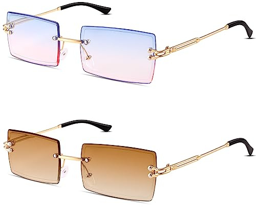 2 Pares Gafas de Sol Sin Montura Rectangulares y Con Montura Cuadrada Ultra Pequeña, Estilo Retro Para Mujeres y Hombres