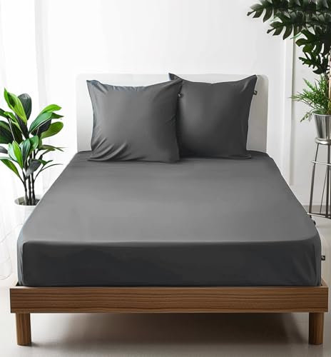 SALADHOUSE Spannbettlaken 140x200 Grau mit extra tiefen Taschen (bis 30cm) 360° Gummizug I Straffer Sitz ohne Verrutschen I Boxspring Spannbetttuch aus Ägyptischer Baumwolle Satin I ÖKO-TEX Bettlaken