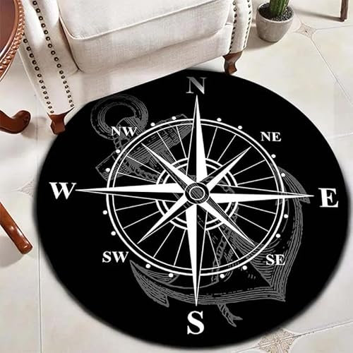 SANBEC Schwarzer Kompass-Anker, runder Teppich, für Wohnzimmer, Schlafzimmer, Küche, Eingangsbereich, Fußmatte, Flanell, rutschfest, Stuhlmatte, waschbar