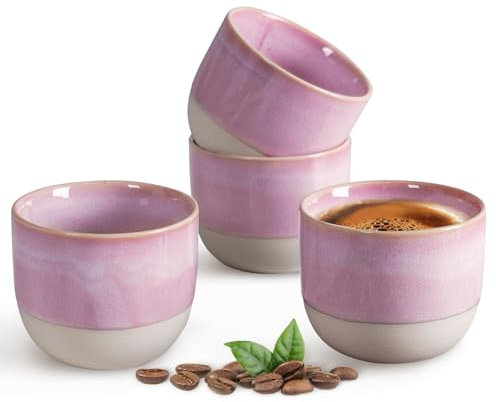 Autumnlife Juego de 4 tazas de café de cerámica, hechas a mano, de pared gruesa, color rosa y blanco, ideales para café moca, té y leche, perfecto para el hogar y la oficina