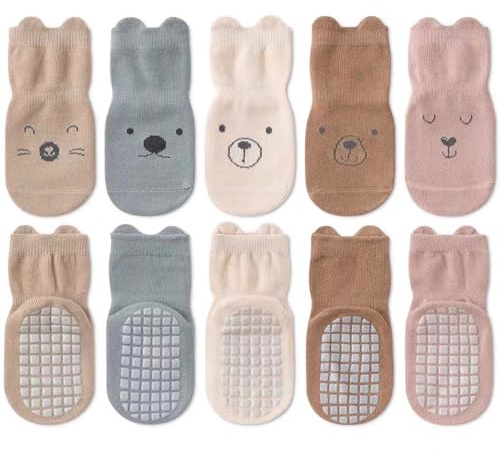 HAGOT 5 Pares Calcetines Antideslizantes Bebé, Bebés Calcetines Antideslizantes, Calcetines de Tripulación de Tobillo con Agarres, Calcetines de Algodón de Dibujos Animados para Niña Niños, M