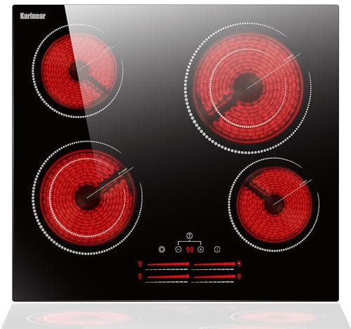 Karinear Placa vitrocerámica 4 fuegos de 60 cm con control deslizante con tira luminosa, Zonas de cocción de doble anillo, Empotrable con seguridad para niños, Temporizador, 220-240 V, 6600 W.