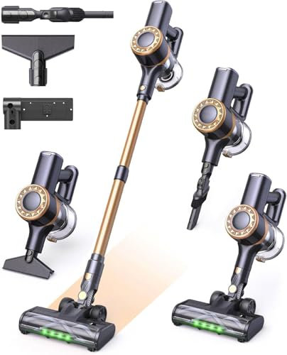 MIUZZY P2 Aspirateur Balai sans Fil, 30kPa aspirateur léger avec Brosse Anti-enchevêtrement et éclairage Vert amélioré, aspirateur autoportant pour sols, Poils d’Animaux et Voiture, Or