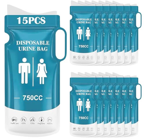 KOMABLEN 15 Stück Urinbeutel für Unterwegs, 750ml Tragbares Pinkelbeutel mit Gel, Urinella Einweg mit Griff für Frauen Männer Kinder, Reisetoilette Notfall für Camping Toiletten, Reisen, Stau