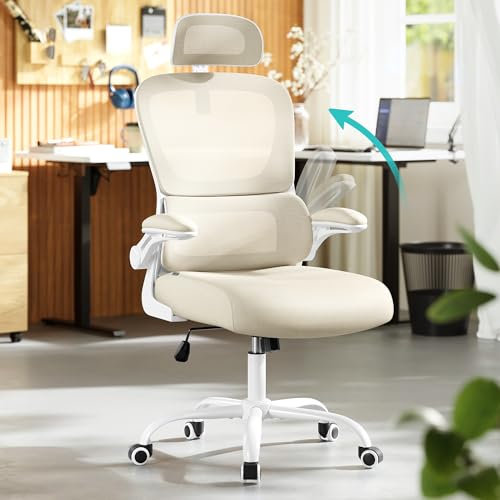 SONGMICS Silla de Oficina, Silla de Escritorio Ergonómica, Tela de Malla de Doble Capa Transpirable, Soporte Lumbar Adaptable, Reposacabezas Ajustables, para Oficina en Casa, Beige Arena OBN041L01