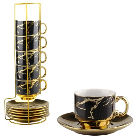 inodiref 6 espressomuggar, set i keramik, espressokoppar, set med tefat, 75 ml kaffekoppar, set med 6 st med stativ (svart guld)
