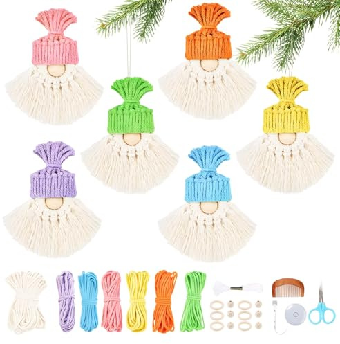 SneiDr Kit De Macramé De Navidad Fácil Para Principiantes Con Algodón Natural Juego De 6 Adornos Colgantes De Macramé Accesorios Incluidos Gnomo De Macramé DIY Para Decoración Y Regalo