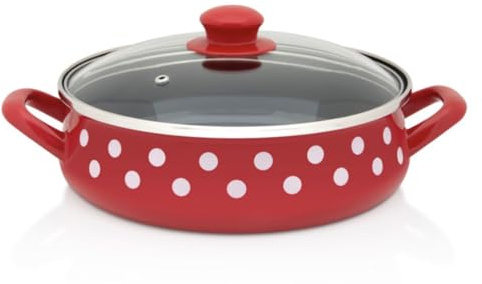 Metalac Sauter med glaslock, 20 cm, 4 l, röd med prickar, emaljerad, vintage, tillverkad i Europa, TÜV-certifierad kvalitet