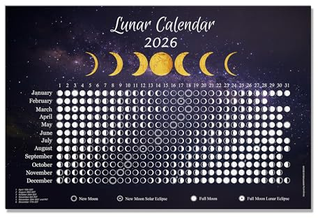 Moon Calendar 2026 - Dark Blue 12x18 inch Horizontal - Lunar Phases & Eclipses Celestial Wall Poster Chart - Astronomy and Minimalist Decor - for Study, Rituals or Gifting
