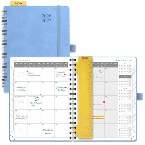 POPRUN Agenda 2026 2027 Mensile 22 x 16,5 cm, Spirale Planner Scuola 18 Mesi da Lug.2026 a Dic.2027, Copertina Morbida in Pelle Vegana, Righello Segnalibro, Carta Spessa da 100 GSM, Blu Cielo